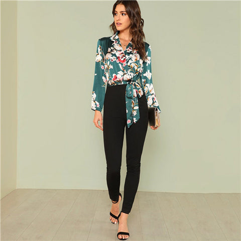 Lady Work wear Multi color Vacation Mid Waist Knot Floral Wrap Jumpsuit