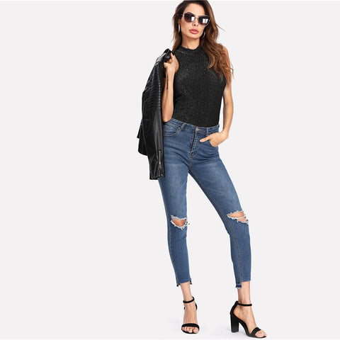 Black Mock Neck Glitter Skinny Sleeveless Plain Bodysuit