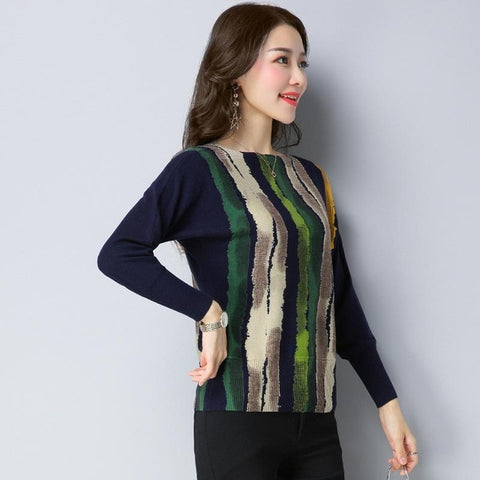 Elegant Wool Knitted Pullover Striped Print Knitwear Warm Sweater