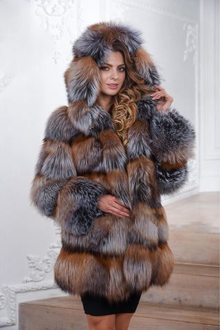 Natural Real Silver Fox Fur Luxury Long Thick Warm Fur Parka