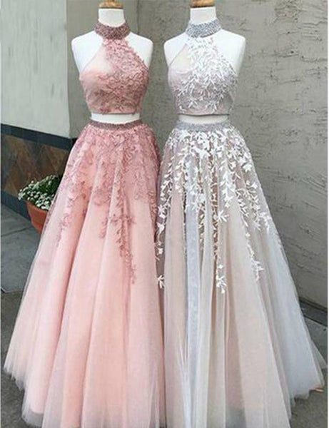 Two Pieces Prom Dresses Long Appliques Floor Length Tulle Formal Evening Party