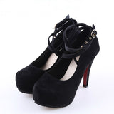 Super High Thin T-strap Buckle Strap Retro Round Toe Pumps Heel