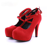 Super High Thin T-strap Buckle Strap Retro Round Toe Pumps Heel