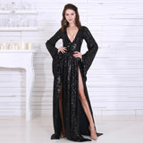 Elegant Deep-V sequin Long Sleeve Two Split Maxi Dress