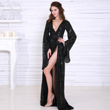 Elegant Deep-V sequin Long Sleeve Two Split Maxi Dress