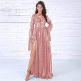 Elegant Deep-V sequin Long Sleeve Two Split Maxi Dress