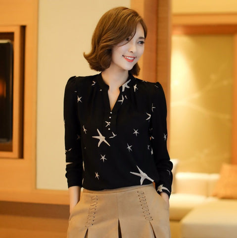 Elegant Long-Sleeve Chiffon Ruffle Work Tops