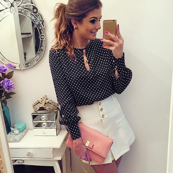 Casual O-Neck Long Sleeves Blouses Chiffon Polka Dots Shirt