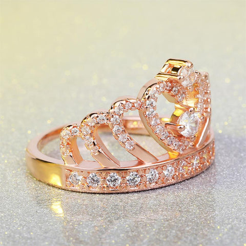 Princess Style Cubic Zirconia Hollow Heart Crown Ring