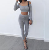 Sexy Grey Two Piece Set Off Shoulder T Shirt Crop Top