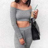 Sexy Grey Two Piece Set Off Shoulder T Shirt Crop Top