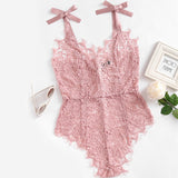 Ribbon Tie Shoulder Floral Lace Pink Sleeveless V Neck Cute Bodysuit