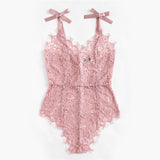 Ribbon Tie Shoulder Floral Lace Pink Sleeveless V Neck Cute Bodysuit