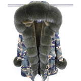 Real Fox Fur Collar Cuff Hooded Long Camouflage Parka