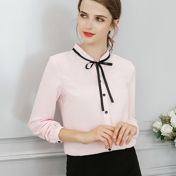 Elegant Office Blouse Long Sleeve Bow Slim Work Blouses