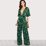 Sexy Bell Sleeve Plunge Neck Self Belted Palazzo Jumpsuit