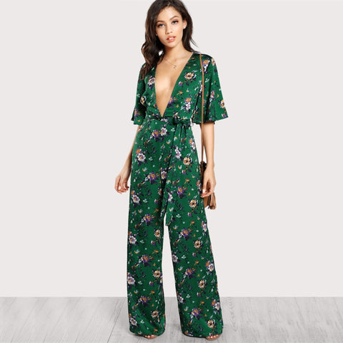 Sexy Bell Sleeve Plunge Neck Self Belted Palazzo Jumpsuit