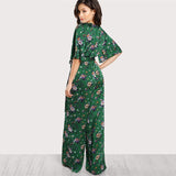 Sexy Bell Sleeve Plunge Neck Self Belted Palazzo Jumpsuit