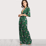 Sexy Bell Sleeve Plunge Neck Self Belted Palazzo Jumpsuit