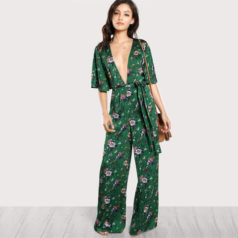 Sexy Bell Sleeve Plunge Neck Self Belted Palazzo Jumpsuit