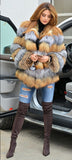 Elegant Patchwork Natural Fox Fur Coffee & Silver Fox Fur Parka