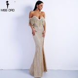 Sexy Elegant V Neck Off Shoulder Tassel Glitter High Split Maxi Dress
