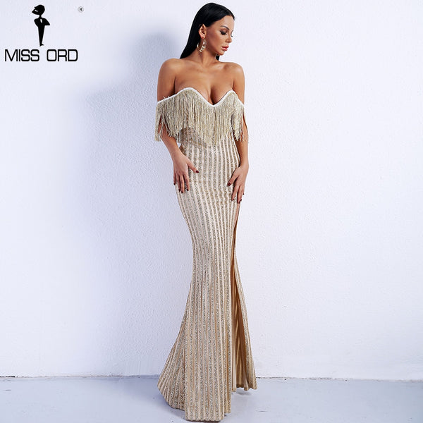 Sexy Elegant V Neck Off Shoulder Tassel Glitter High Split Maxi Dress