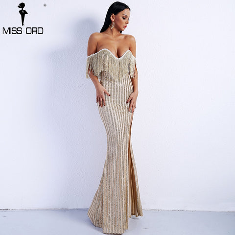 Sexy Elegant V Neck Off Shoulder Tassel Glitter High Split Maxi Dress
