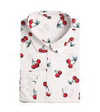 Cherry Blouses Long Sleeve Shirt Turn Down Collar Floral Blouse