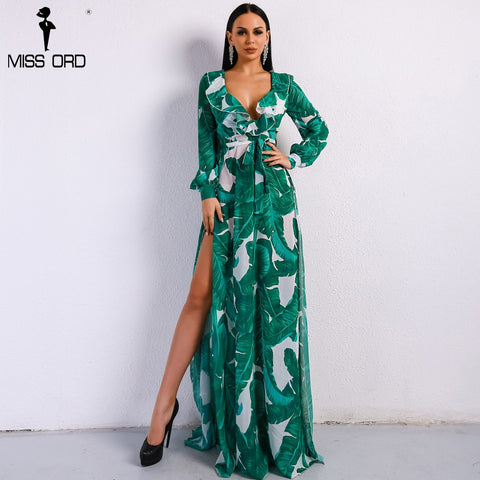 Summer Deep V Two Split Print Beach Long Sleeve Maxi Dress