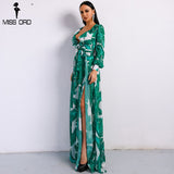 Summer Deep V Two Split Print Beach Long Sleeve Maxi Dress