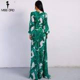 Summer Deep V Two Split Print Beach Long Sleeve Maxi Dress
