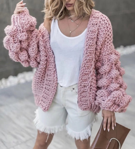 Pink Coarse Knitted Lantern Sleeve Cardigan