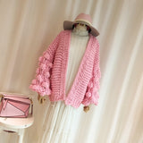 Pink Coarse Knitted Lantern Sleeve Cardigan