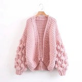 Pink Coarse Knitted Lantern Sleeve Cardigan