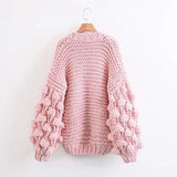 Pink Coarse Knitted Lantern Sleeve Cardigan