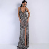 Sexy V-neck Off Shoulder Middle Split Sequin Party Dress