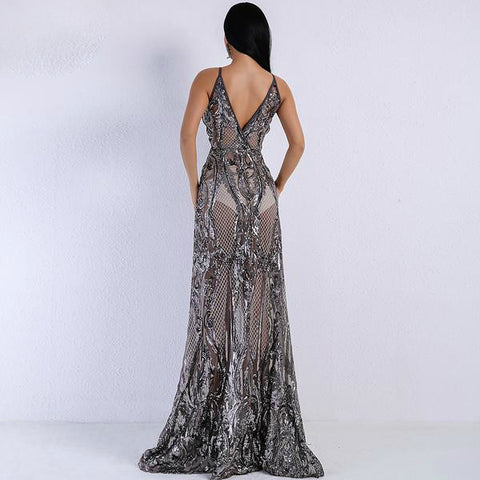 Sexy V-neck Off Shoulder Middle Split Sequin Party Dress