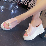 High Platform Wedges Sexy Beading Slides Thick Heel Open Toes Slipper