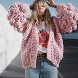 Pink Coarse Knitted Lantern Sleeve Cardigan