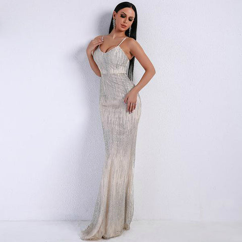 Sexy V Neck  Off Shoulder Backless Glitter Elegant Party Maxi Dress