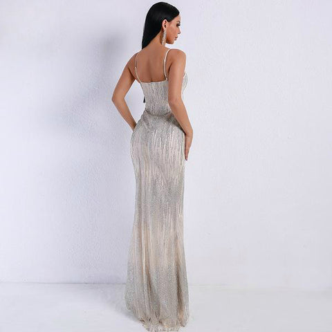 Sexy V Neck  Off Shoulder Backless Glitter Elegant Party Maxi Dress