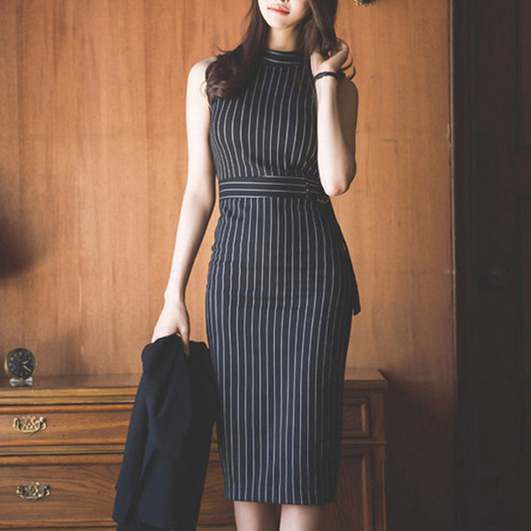 Striped Office Work Dress Sleeveless Slim Sexy Packaged Hip Dress