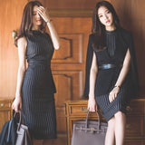 Striped Office Work Dress Sleeveless Slim Sexy Packaged Hip Dress