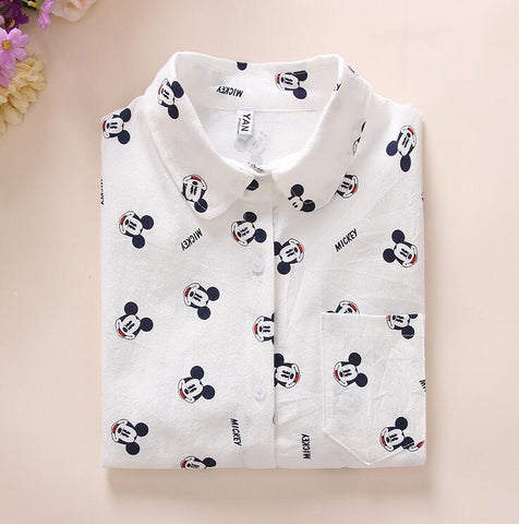 New Long Sleeve Cartoon Print White Blouses Shirt