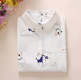 New Long Sleeve Cartoon Print White Blouses Shirt