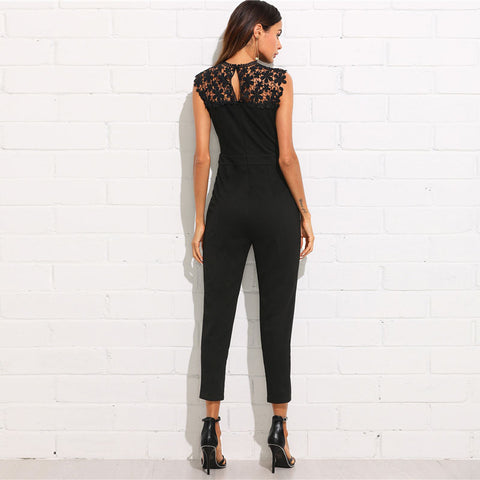 Plain Black Round Neck Sleeveless Button Pocket Elegant Work Jumpsuit