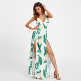 pen Back M-Slit Palm Leaf Print V Neck Maxi Dress