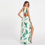 pen Back M-Slit Palm Leaf Print V Neck Maxi Dress