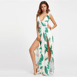 pen Back M-Slit Palm Leaf Print V Neck Maxi Dress